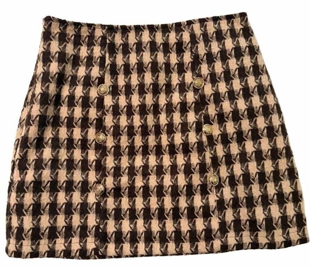 HYFVE Houndstooth Mini Skirt Size S Plaid Brown Tan Black Gold Button Preppy
